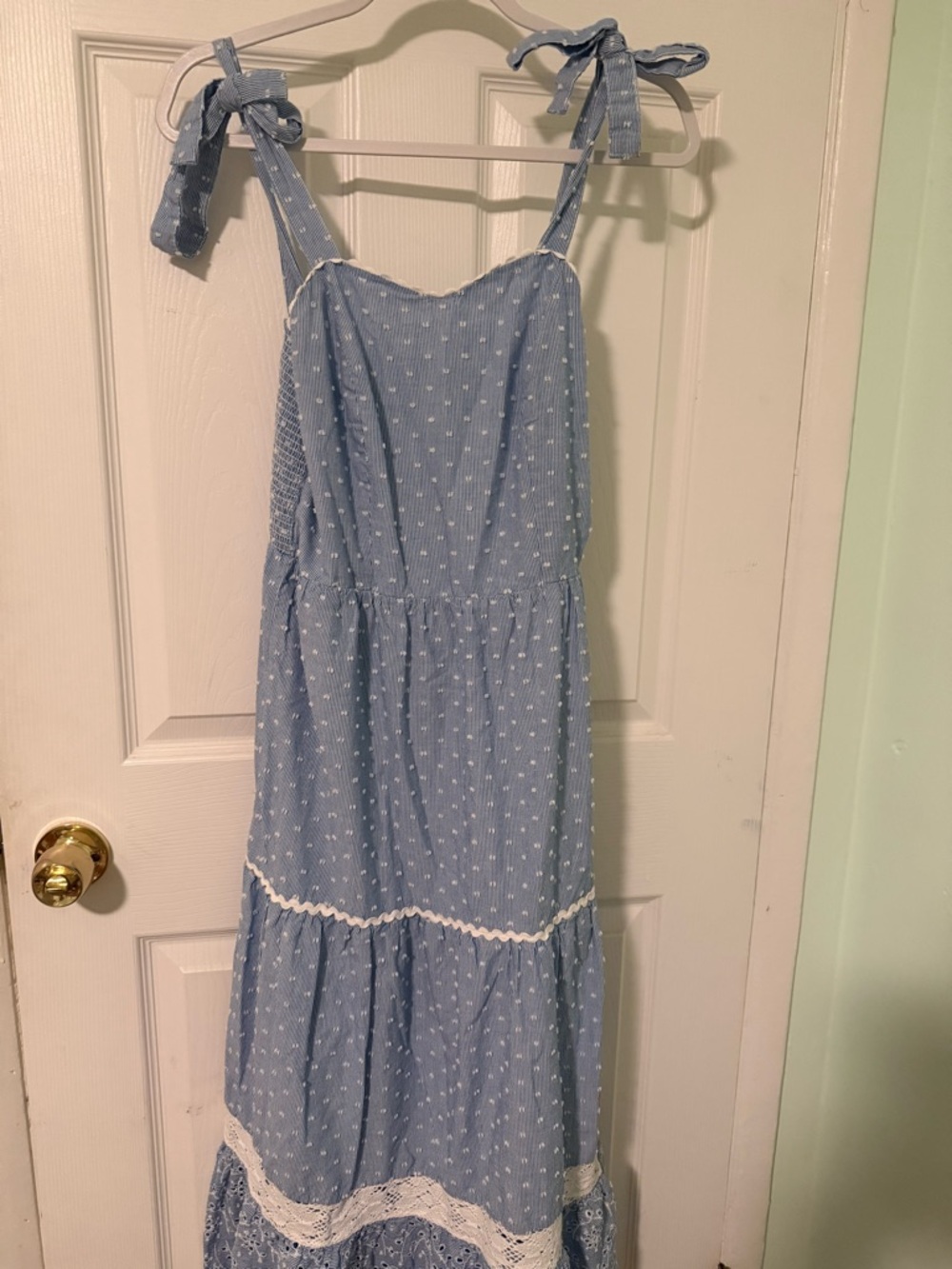 Light Blue Eyelet Tiered Maxi Dress W Tie Straps Shabby Chic Lace,Bust 31”-32” - Picture 2 of 13